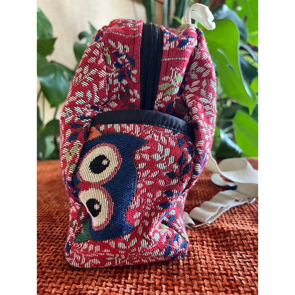 Vintage Whimsy Owl Tapestry Mini Backpack Red Floral Boho Woven Small Rucksack - Picture 12 of 13